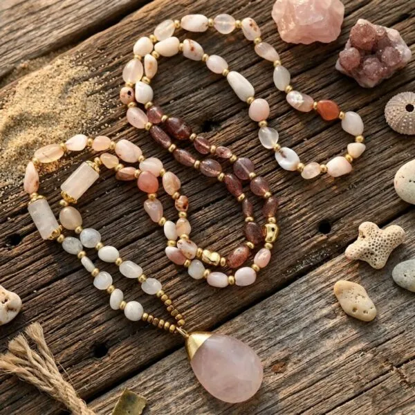 Collar bohemio de mi verdadero destino con cuarzo rosa, cuarzo fresa y jade