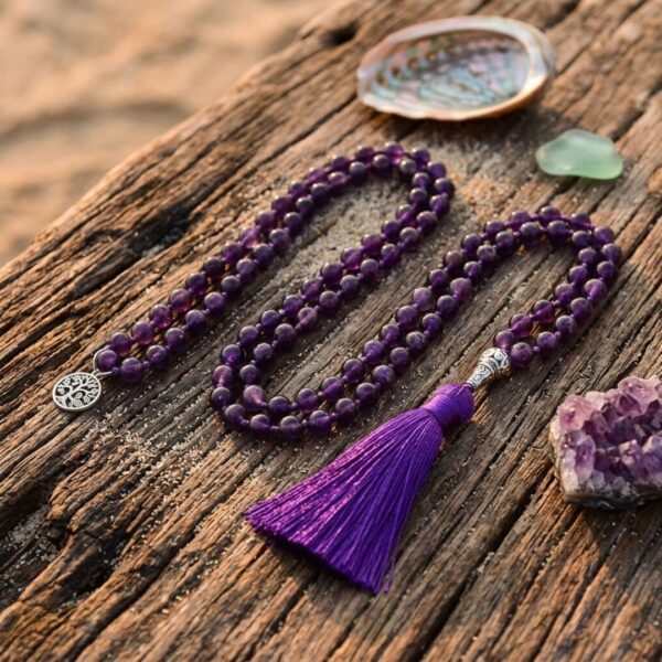 Collar Japa Mala 108 cuentas de meditación con gemas de amatista natural