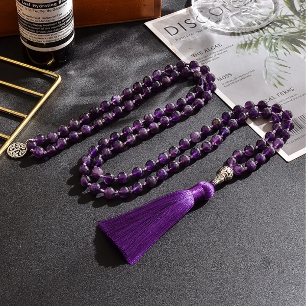 Collar Japa Mala 108 cuentas de meditación con gemas de amatista natural