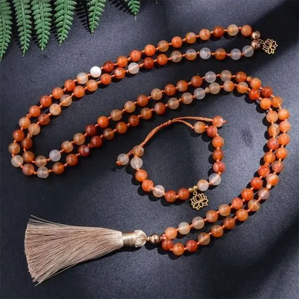 Conjunto Japa Mala 108 cuentas con gemas naturales de ágata naranja