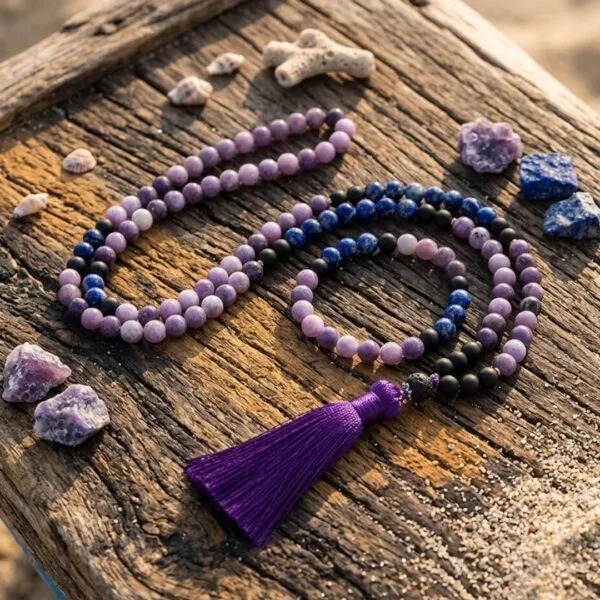 Conjunto Japa Mala 108 cuentas con lepidolita, ónix negro y lapislázuli