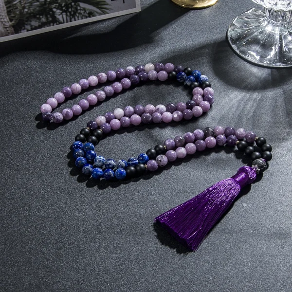 Conjunto Japa Mala 108 cuentas con lepidolita, ónix negro y lapislázuli