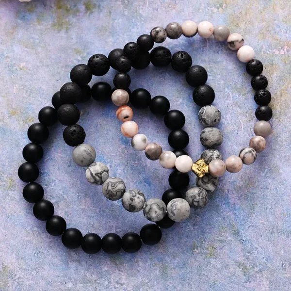Pulseras unisex boho con piedra taiki, piedras de lava, jaspe y ónix negro