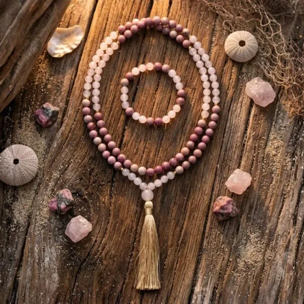 Conjunto Japa Mala 108 cuentas con cuarzo rosa y rodonita