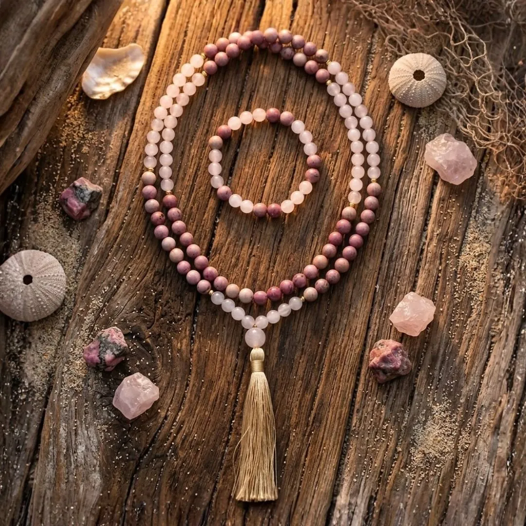 Conjunto Japa Mala 108 cuentas con cuarzo rosa y rodonita Conjunto Japa Mala 108 cuentas con cuarzo rosa y rodonita