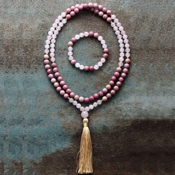 Conjunto Japa Mala tibetano 108 cuentas con cuarzo rosa y rodonita