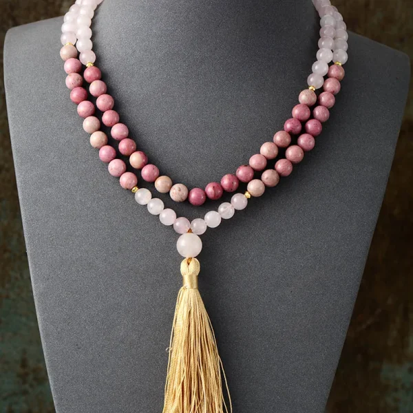 Conjunto Japa Mala tibetano 108 cuentas con cuarzo rosa y rodonita
