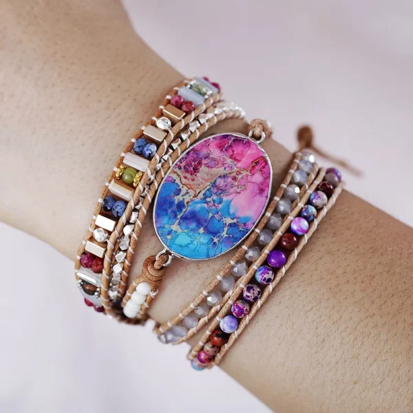 Pulsera boho del agua de rosas con piedras de ágata y jaspe