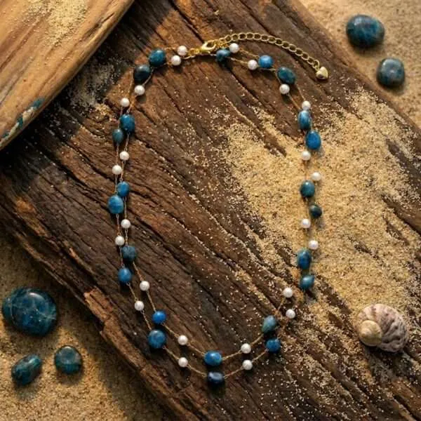 Collar Largo de la Esencia Marina con Lapislázuli o Apatita y Perlas de Agua Dulce