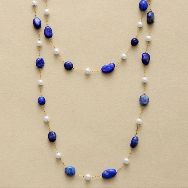 Collar Largo de la Esencia Marina con Lapislázuli o Apatita y Perlas de Agua Dulce