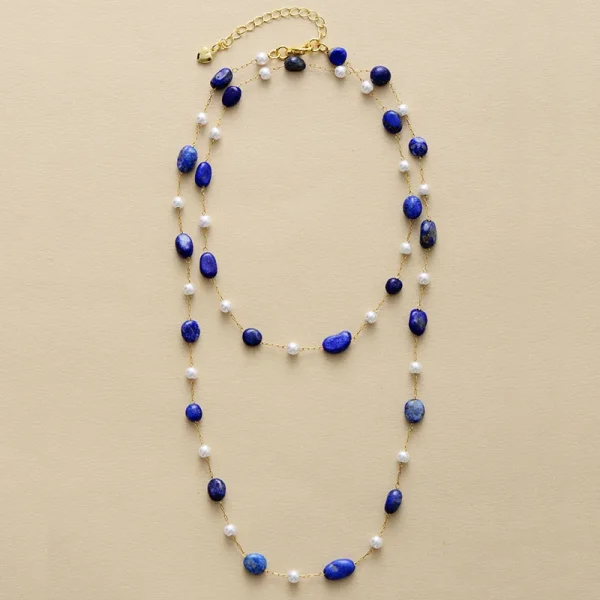 Collar Largo de la Esencia Marina con Lapislázuli o Apatita y Perlas de Agua Dulce