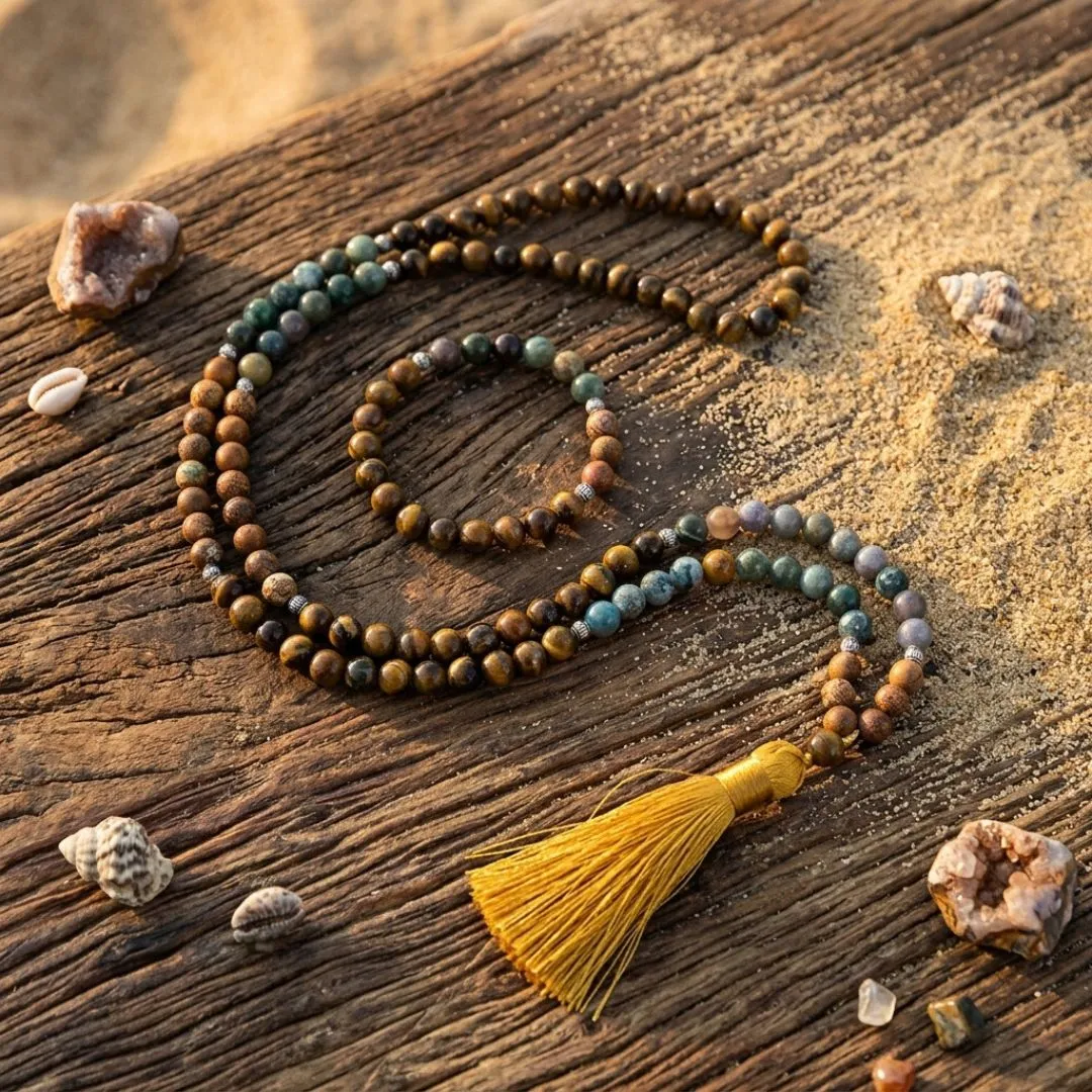 Conjunto Japa Mala 108 cuentas con ágata de la India, ojo de tigre y picture jaspe Conjunto Japa Mala 108 cuentas con ágata de la India, ojo de tigre y picture jaspe