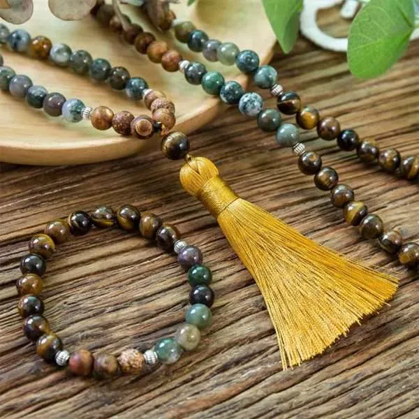 Conjunto Japa Mala 108 cuentas con ágata de la India, ojo de tigre y picture jaspe