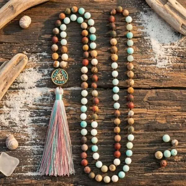 Collar Japa Mala OM de Amazonita y Jaspe Picasso – 108 cuentas de Meditación y Equilibrio Interior