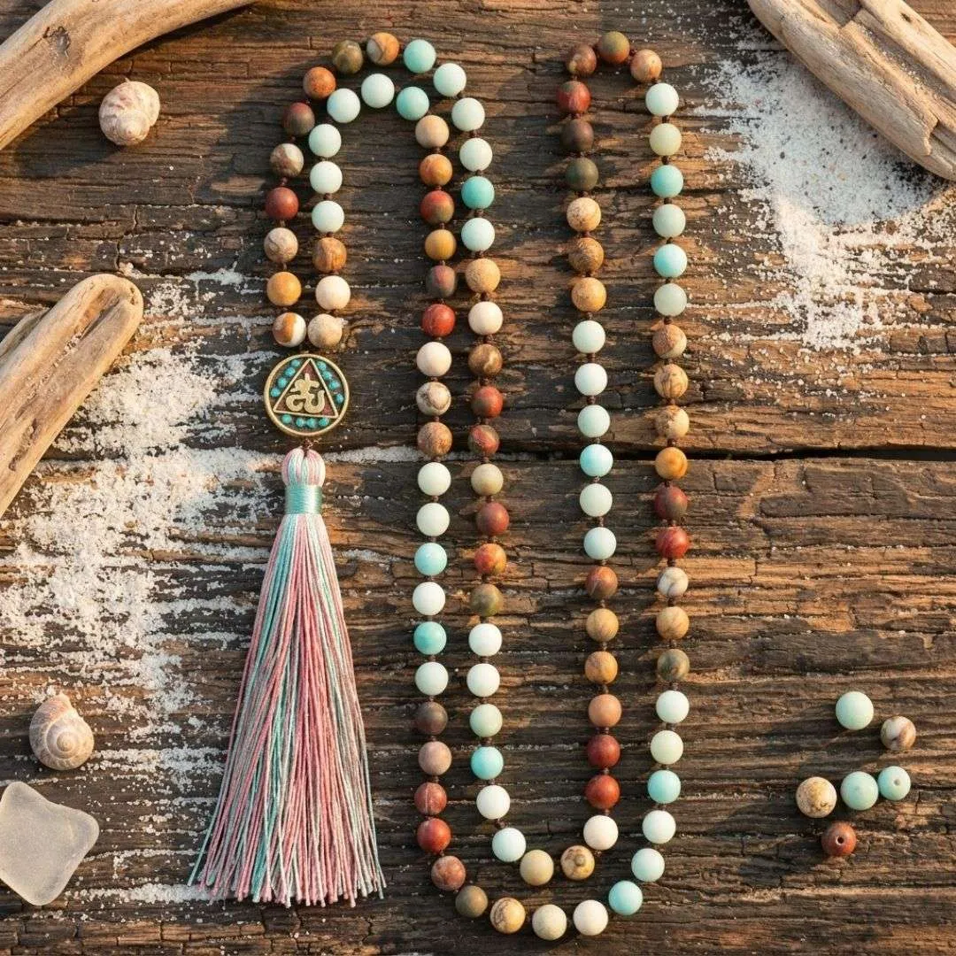Collar Japa Mala OM de Amazonita y Jaspe Picasso – 108 cuentas de Meditación y Equilibrio Interior Collar Japa Mala OM de Amazonita y Jaspe Picasso – 108 cuentas de Meditación y Equilibrio Interior
