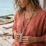 Collar Japa Mala OM de Amazonita y Jaspe Picasso – 108 cuentas de Meditación y Equilibrio Interior