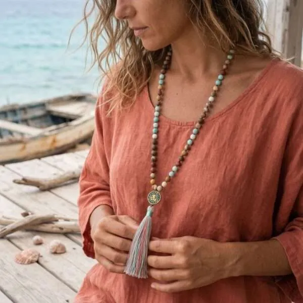 Collar Japa Mala OM de Amazonita y Jaspe Picasso – 108 cuentas de Meditación y Equilibrio Interior
