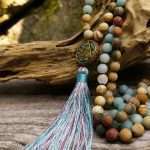Collar Japa Mala OM de Amazonita y Jaspe Picasso – 108 cuentas de Meditación y Equilibrio Interior