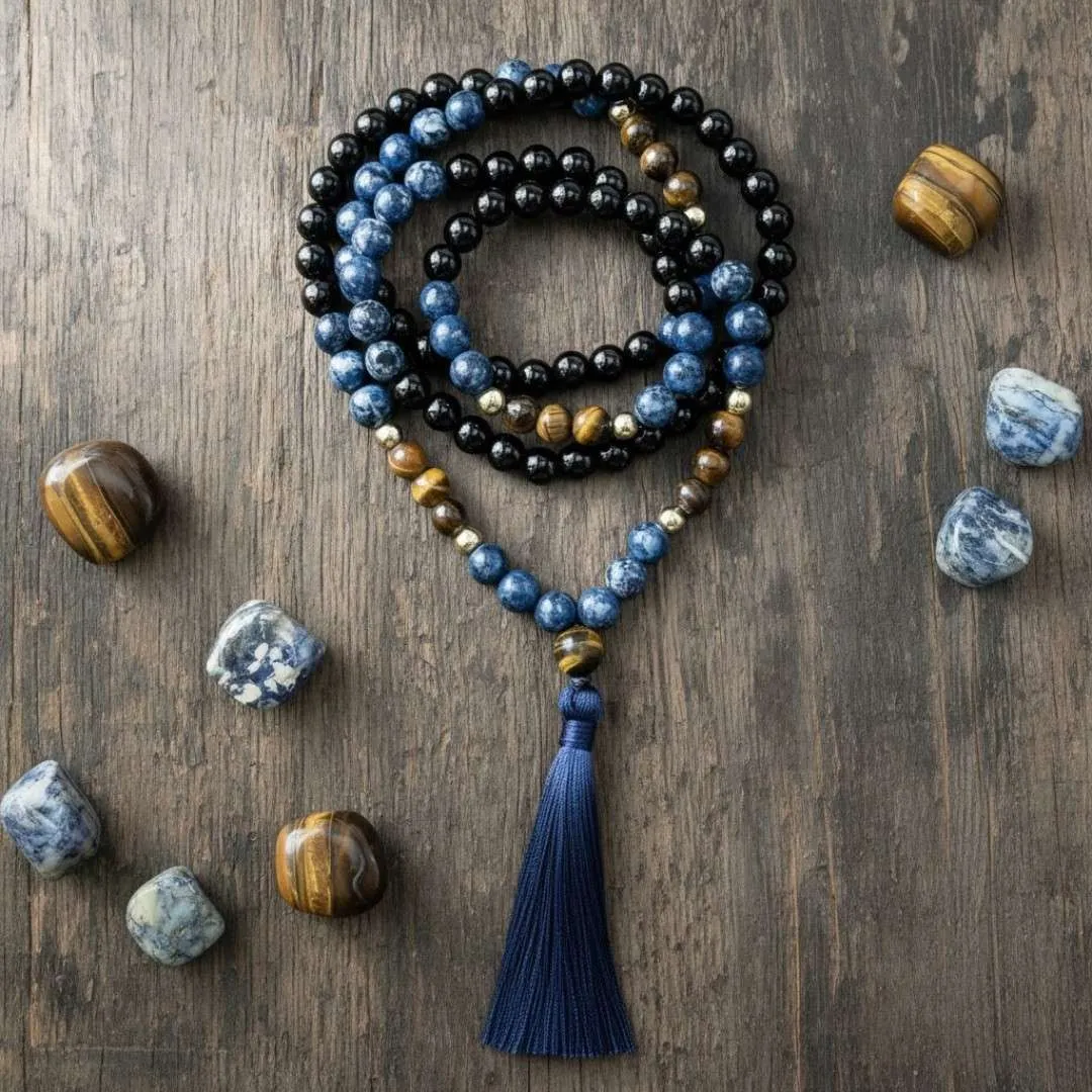 Japa Mala Guerrero Interior – Sodalita, Ojo de Tigre y Ónix Negro (108 Cuentas) Japa Mala Guerrero Interior – Sodalita, Ojo de Tigre y Ónix Negro (108 Cuentas)