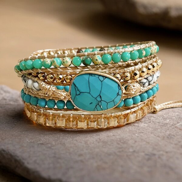 Pulsera Oasis Turquesa – 5 Vueltas con Turquesa Natural, Jaspe y Cristales