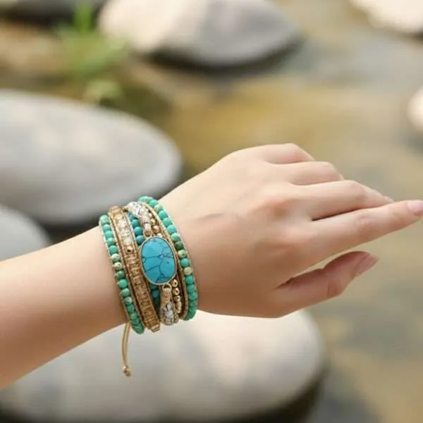 Pulsera Oasis Turquesa – 5 Vueltas con Turquesa Natural, Jaspe y Cristales