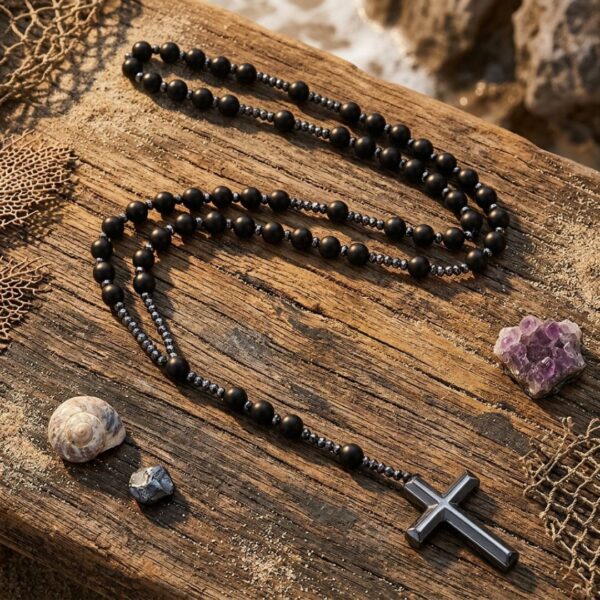 Rosario con piedras naturales de Ónix Negro y cruz de Hematita