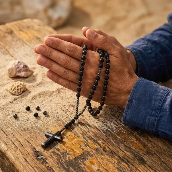 Rosario con piedras naturales de Ónix Negro y cruz de Hematita